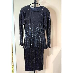 80s Black Long Sleeve Sequin Peplum Dress Lillie Rubin Vintage